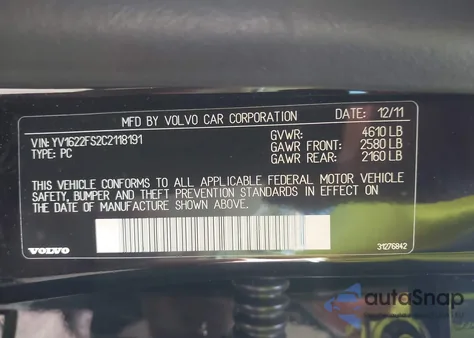 2012 Volvo S60 T5 z USA, uszkodzony, nr VIN YV1622FS2C2118191